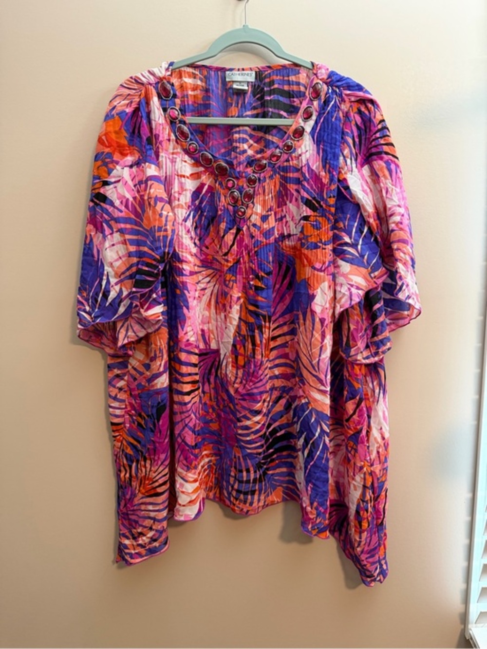 Catherines Purple Pink Orange Tropical Print Top with Embellished Neck